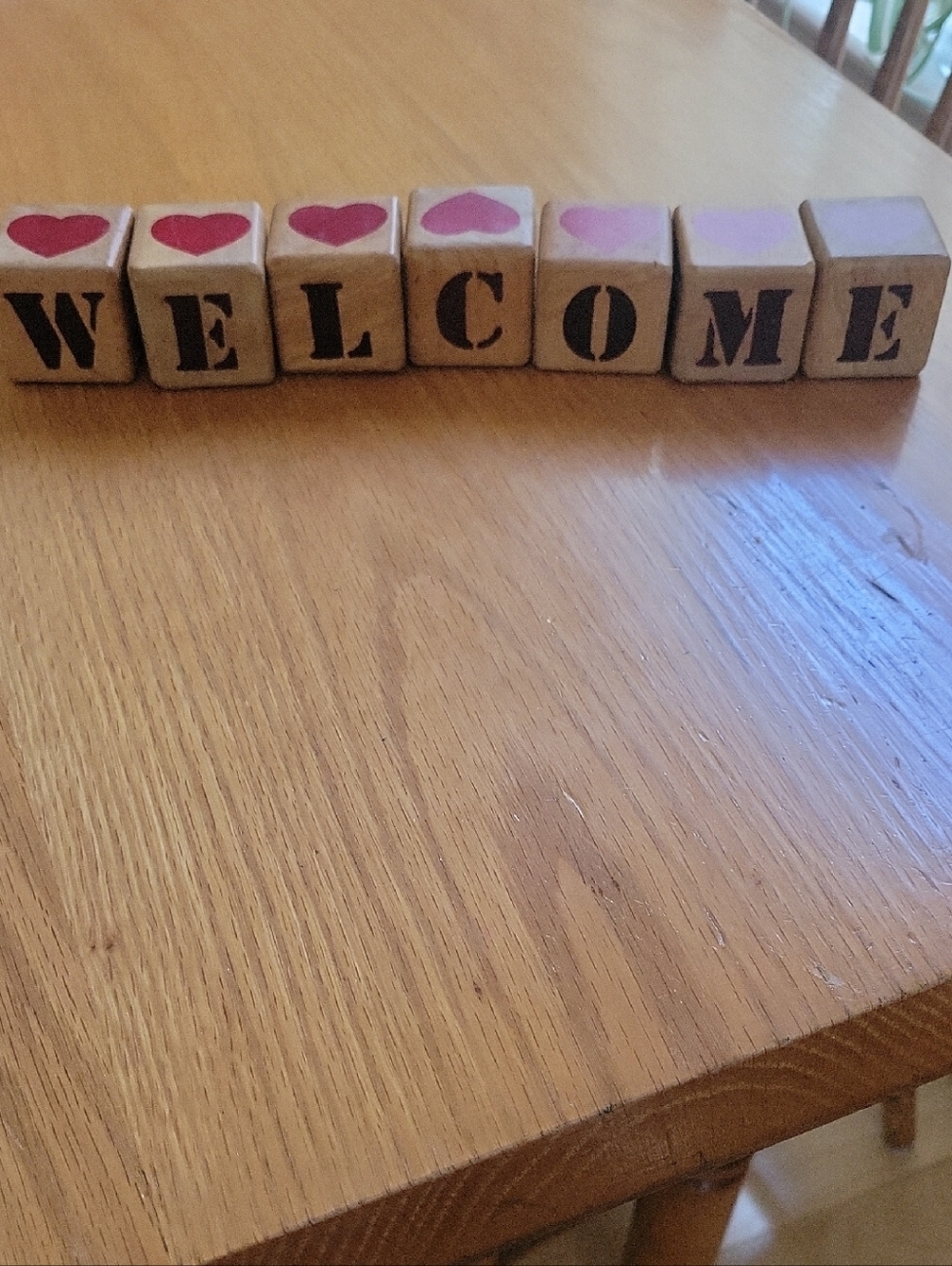 Welcome Wood Blocks, other sides have Hearts, Tulips, Apple Accents.